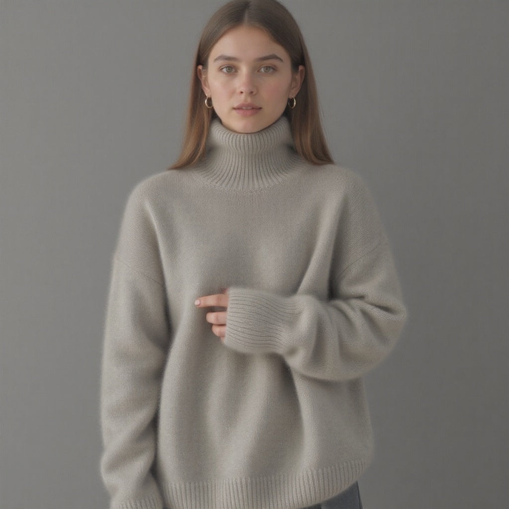 Chic women's oversized turtleneck sweater, a comfortable fashion statement for winter.