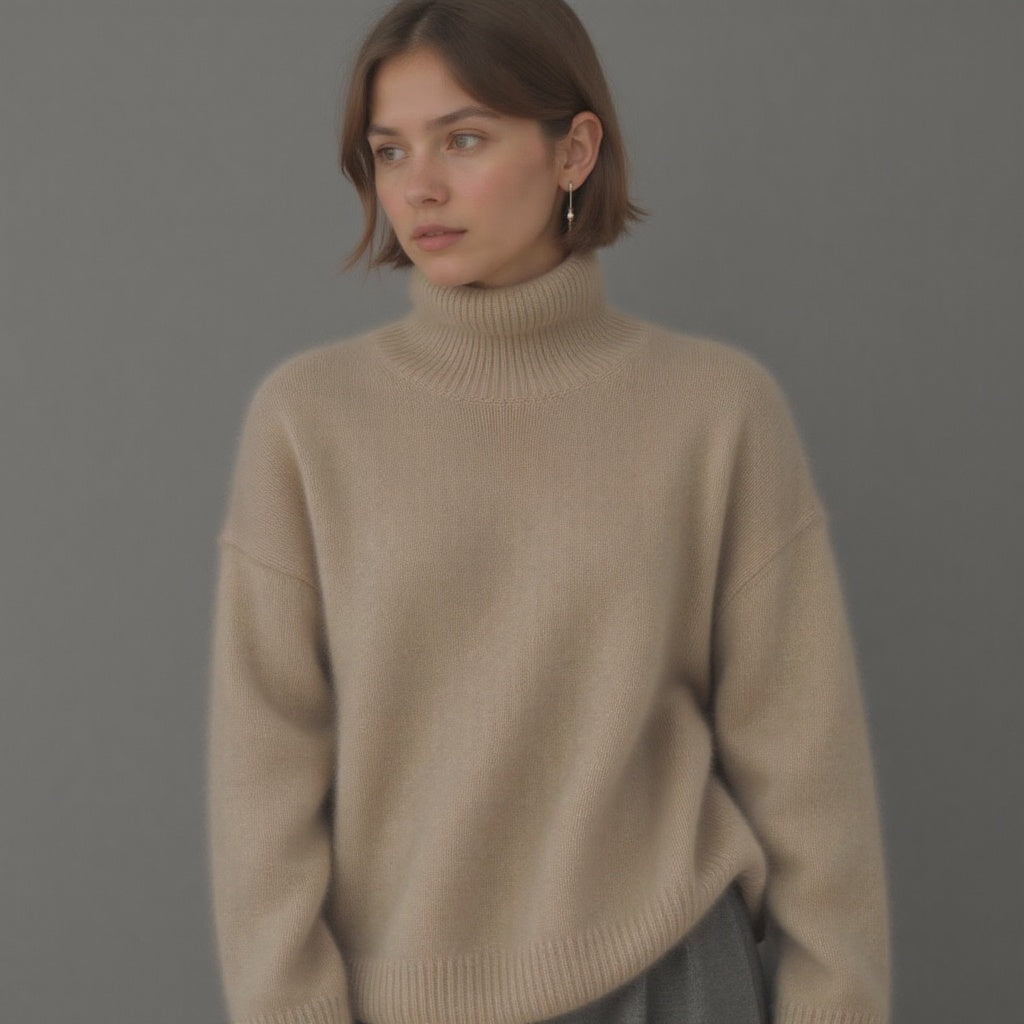Ribbed detail women's oversized turtleneck sweater, cozy winter wear with a relaxed fit.