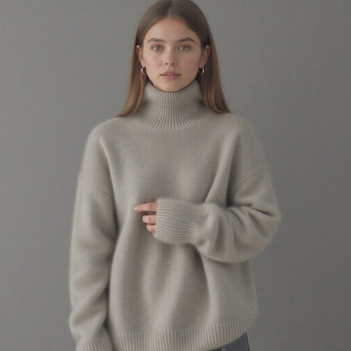 Black women's oversized turtleneck sweater, versatile and comfortable fall winter wear.