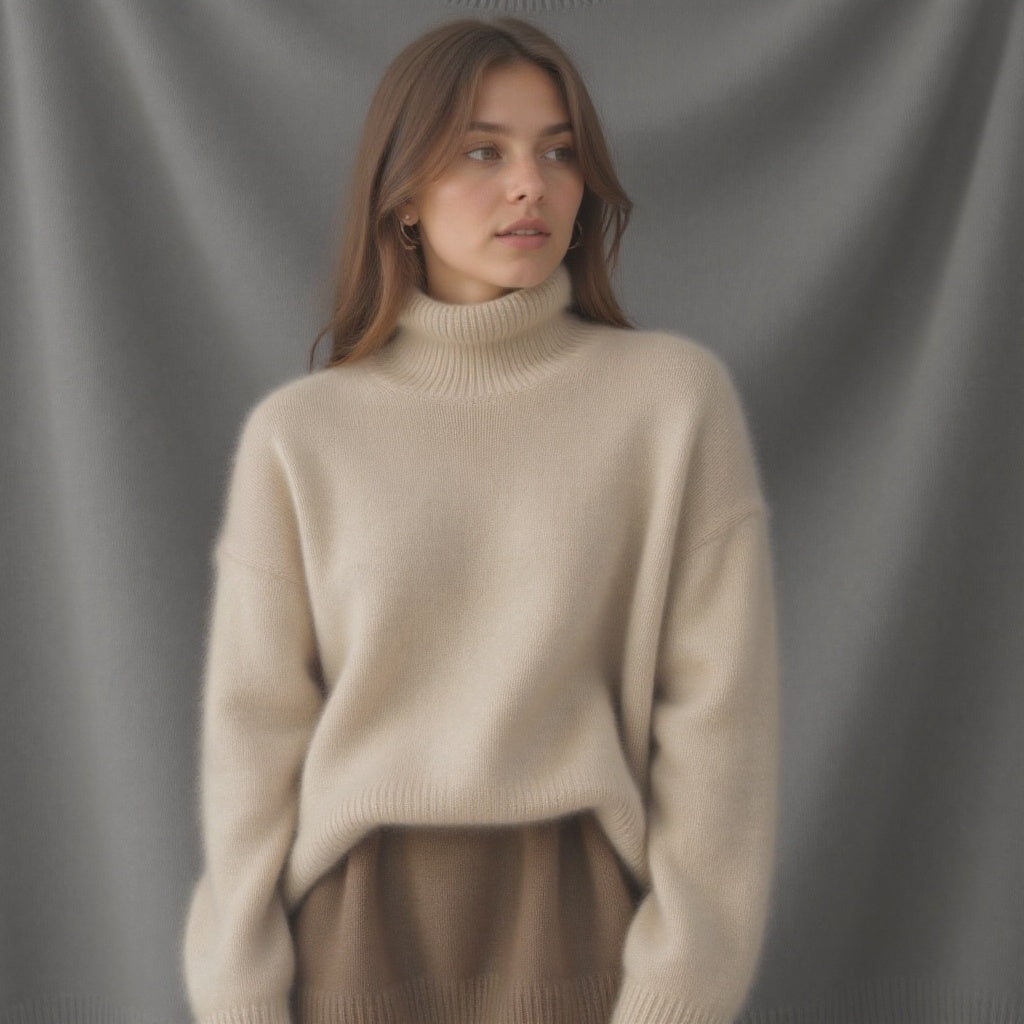 Relaxed fit women's oversized turtleneck sweater, perfect for cozy fall fashion & everyday wear.