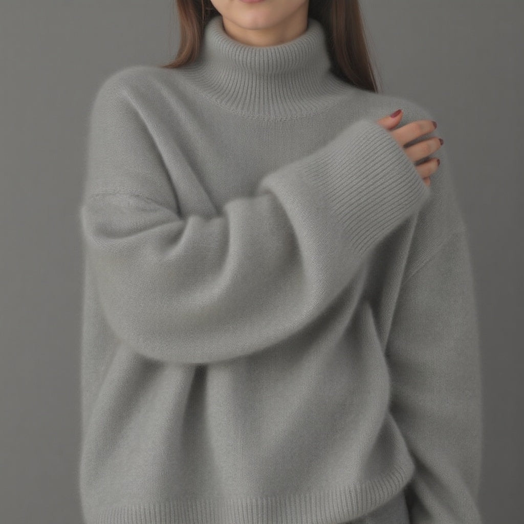 Styled women's oversized turtleneck sweater, complete cozy fall outfit for comfortable chic.