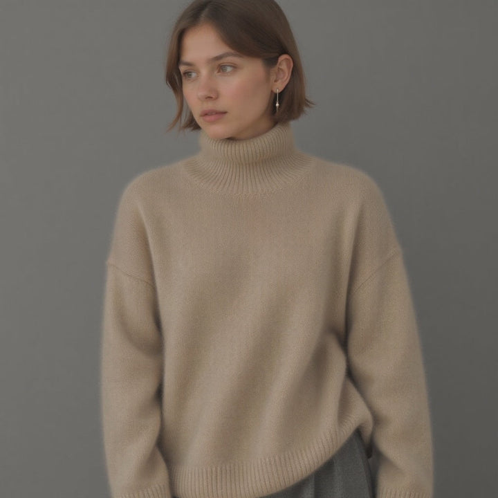 Chic women's oversized turtleneck sweater, comfortable & stylish for winter wear.