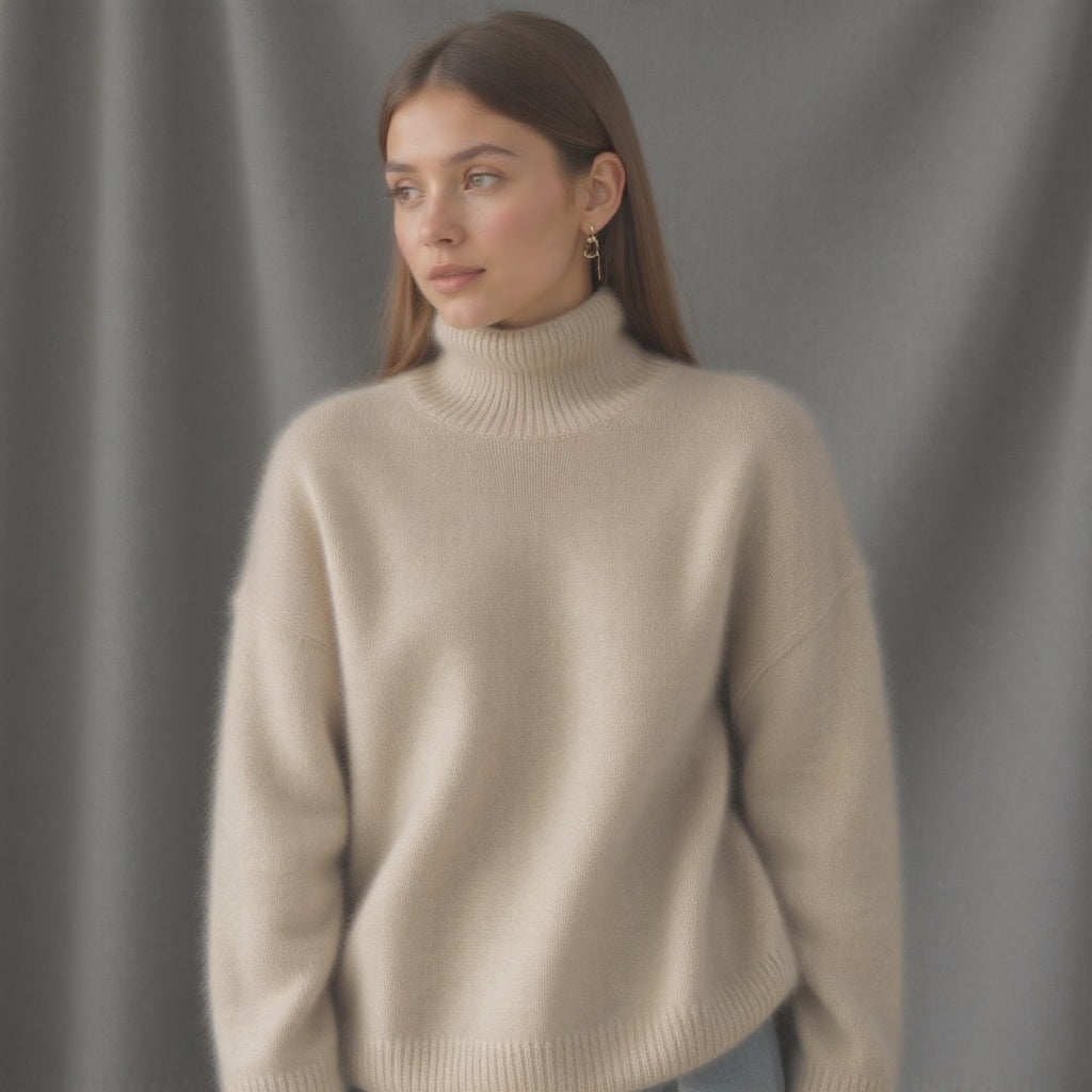 Soft knit women's oversized turtleneck sweater, ultimate cozy comfort & relaxed fit.