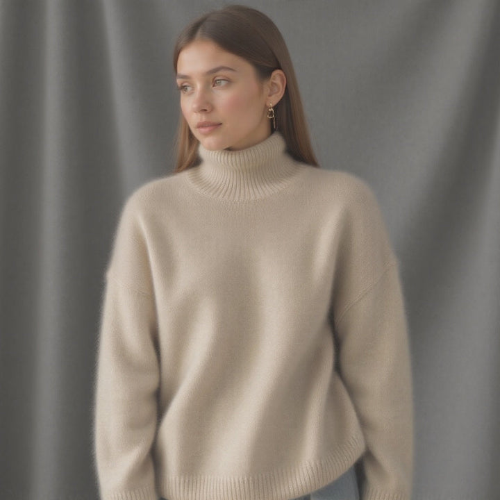 Soft knit women's oversized turtleneck sweater, ultimate cozy comfort & relaxed fit.