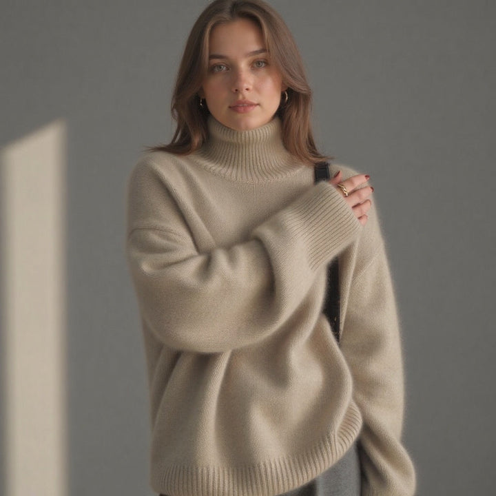 Ultra-cozy oversized turtleneck sweater for women, relaxed fit for ultimate comfort.
