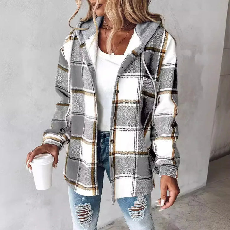 Women's cozy plaid hooded coat, perfect for fall and winter warmth. Loose fit, casual everyday outerwear.