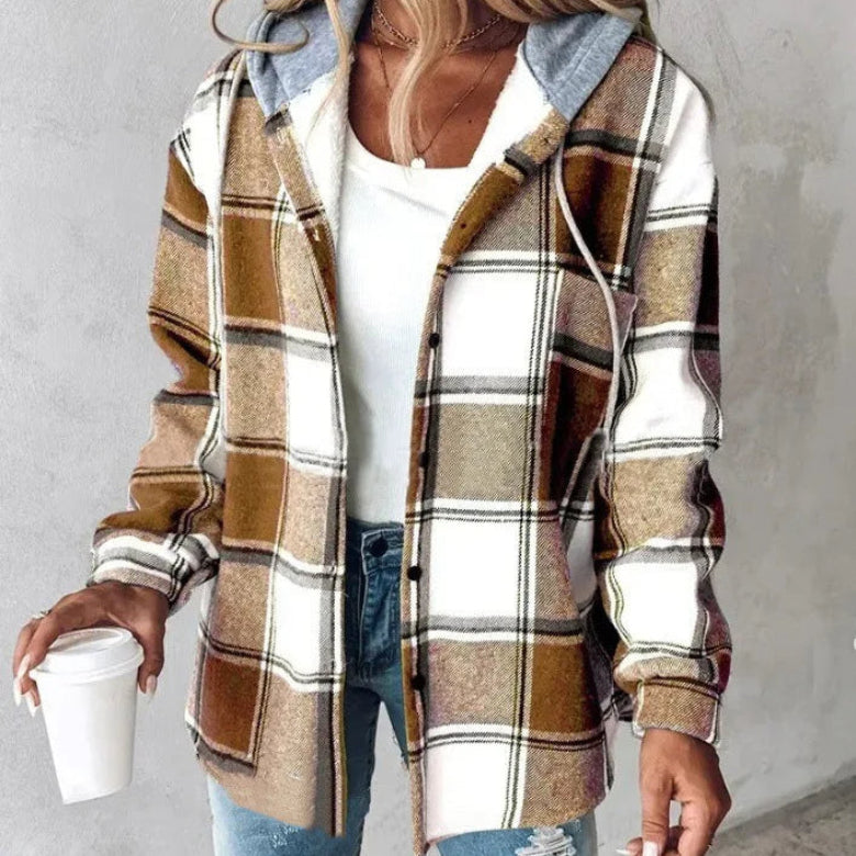 Oversized women's hooded plaid jacket, ideal for casual fall fashion and winter layering.
