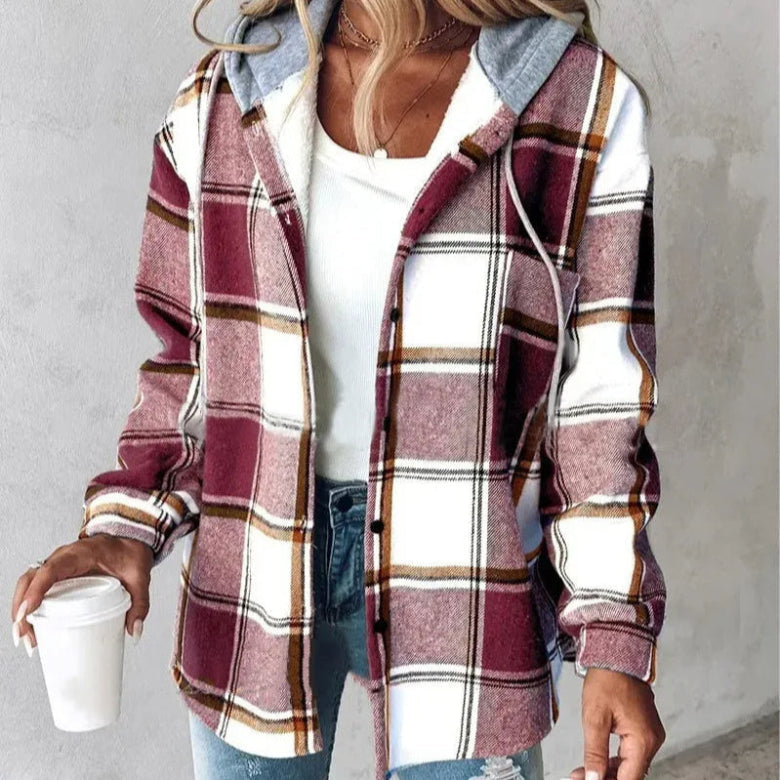 Checked hooded coat for women, a stylish loose-fit fall and winter outerwear piece. Cozy everyday style.