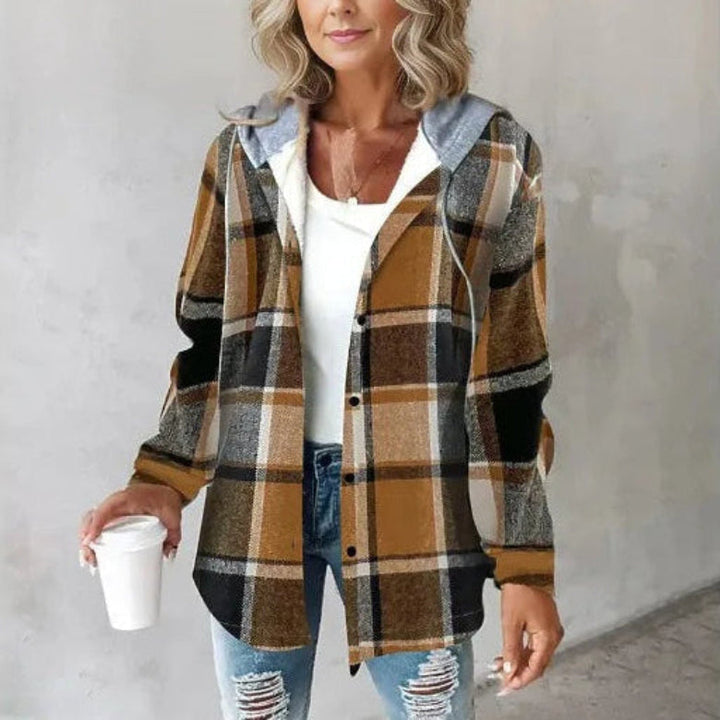 New women's plaid hooded coat, featuring an oversized design for cozy fall & winter outdoor comfort.