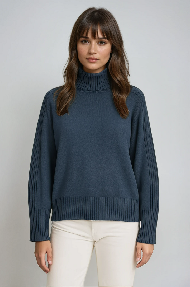Women's cozy ribbed mock neck knit sweater. Perfect for winter fashion and fall layering.