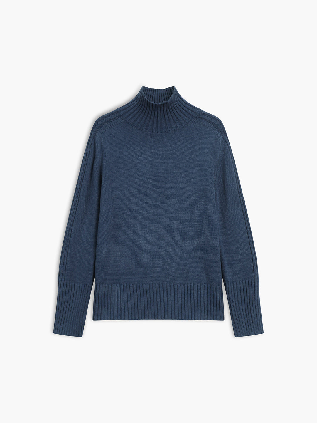 Close-up of a women's ribbed knit sweater, highlighting its soft texture and mock neck detail.