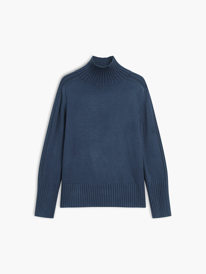 Close-up of a women's ribbed knit sweater, highlighting its soft texture and mock neck detail.