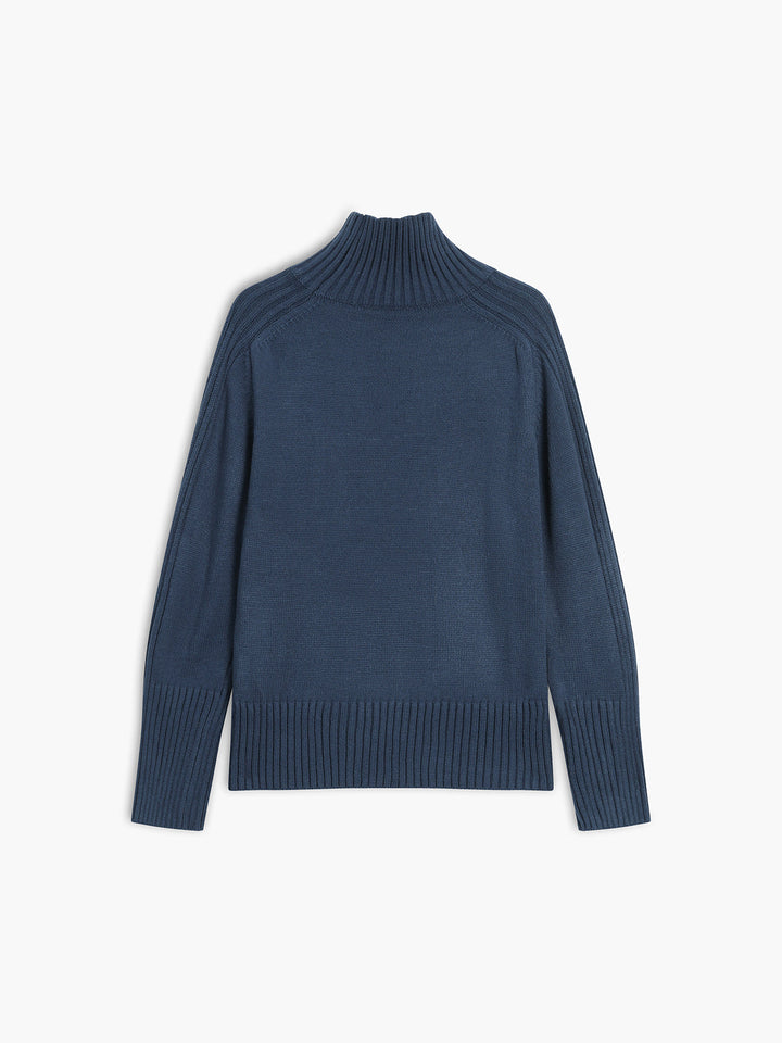 Stylish women's mock neck pullover sweater in a ribbed knit, ideal for casual fall and winter outfits.