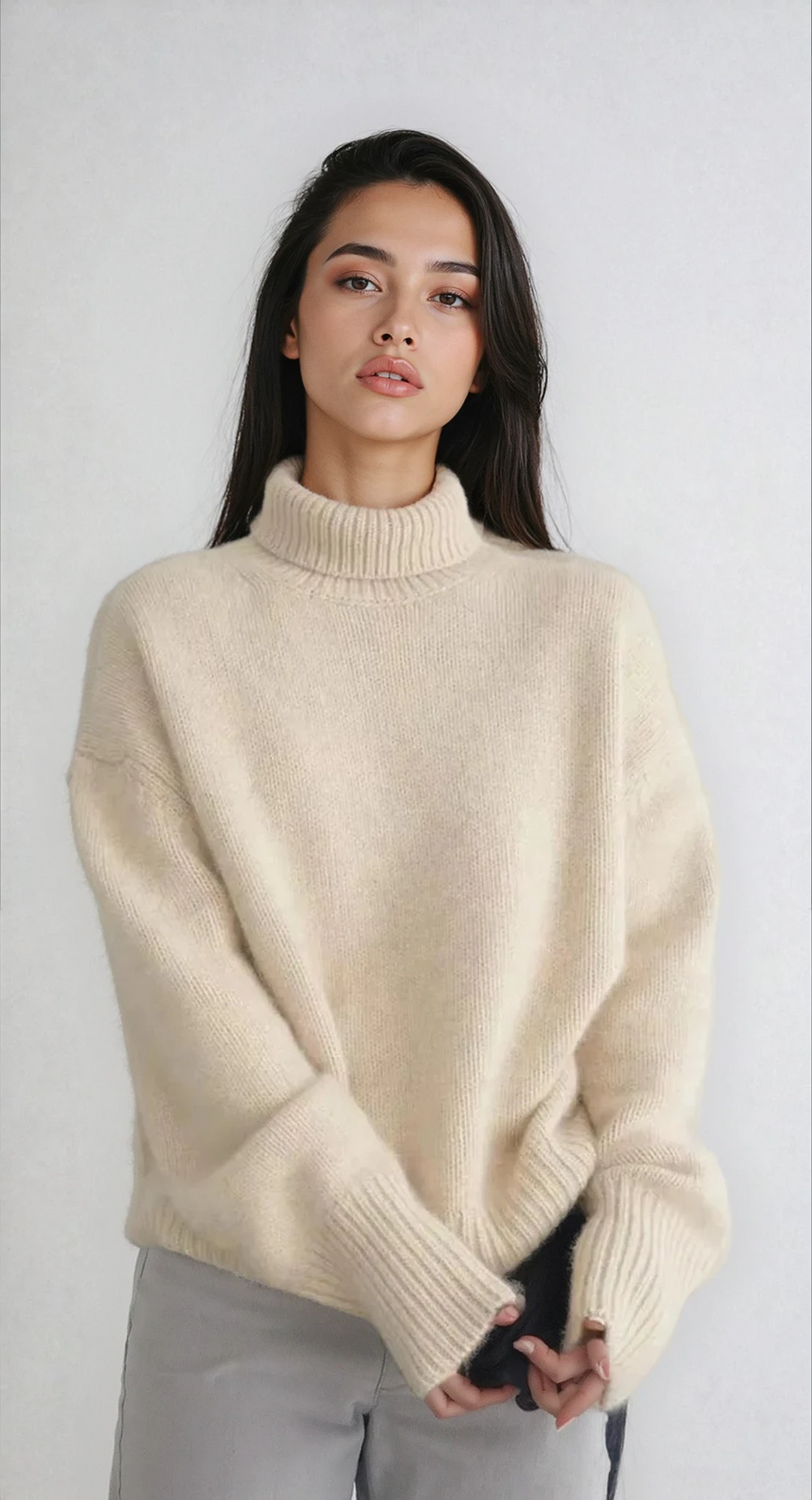 Women's cozy turtleneck sweater, perfect for winter warmth & stylish comfort.