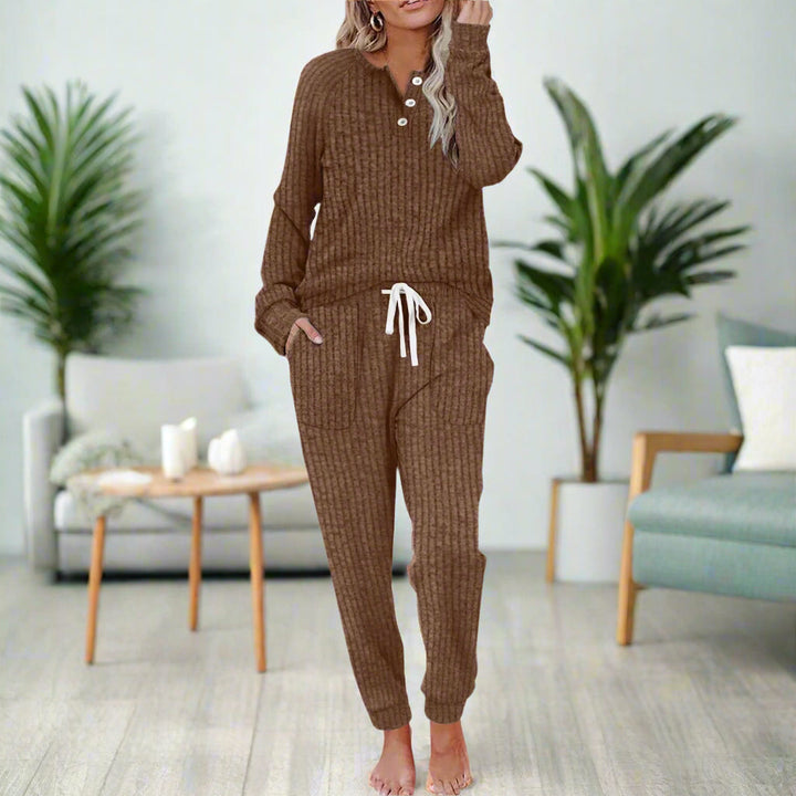 Comfortable women's loungewear pants from a two-piece set, soft, relaxed fit for cozy home wear.
