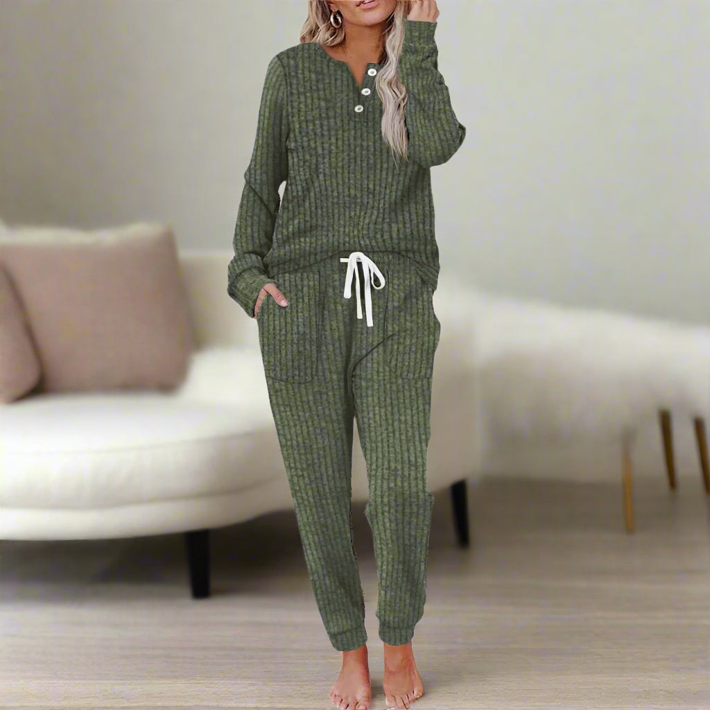 Woman relaxing in a cozy two-piece set, perfect for comfortable home wear and ultimate lounging comfort.