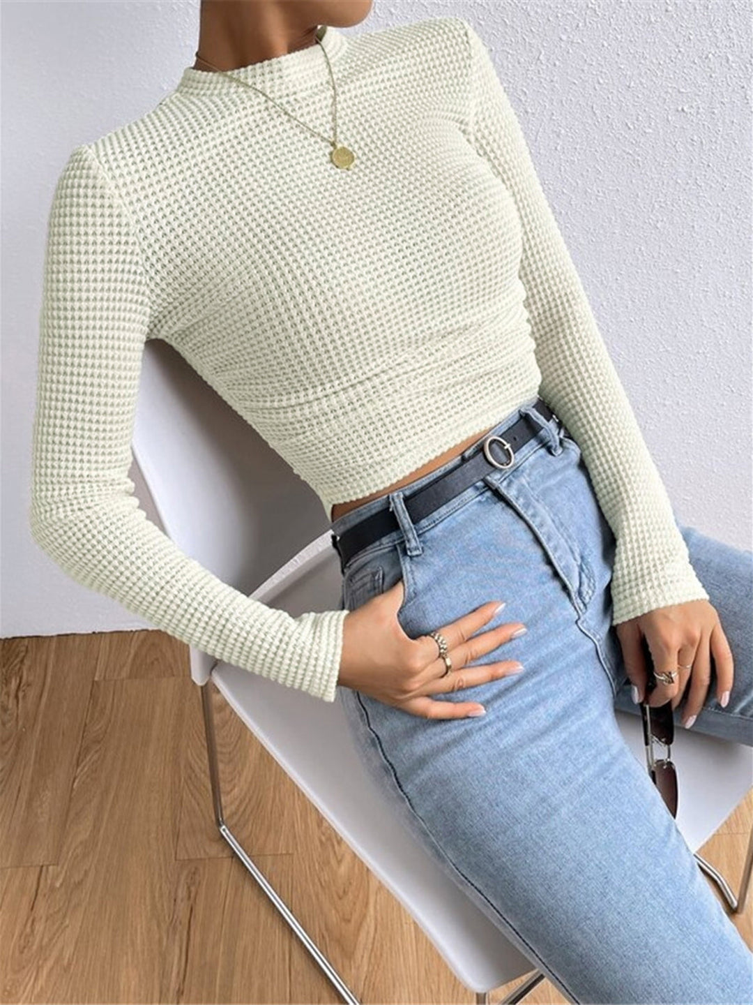 Everyday comfort: Women's long sleeve waffle top, a stylish and cozy basic for cool weather.