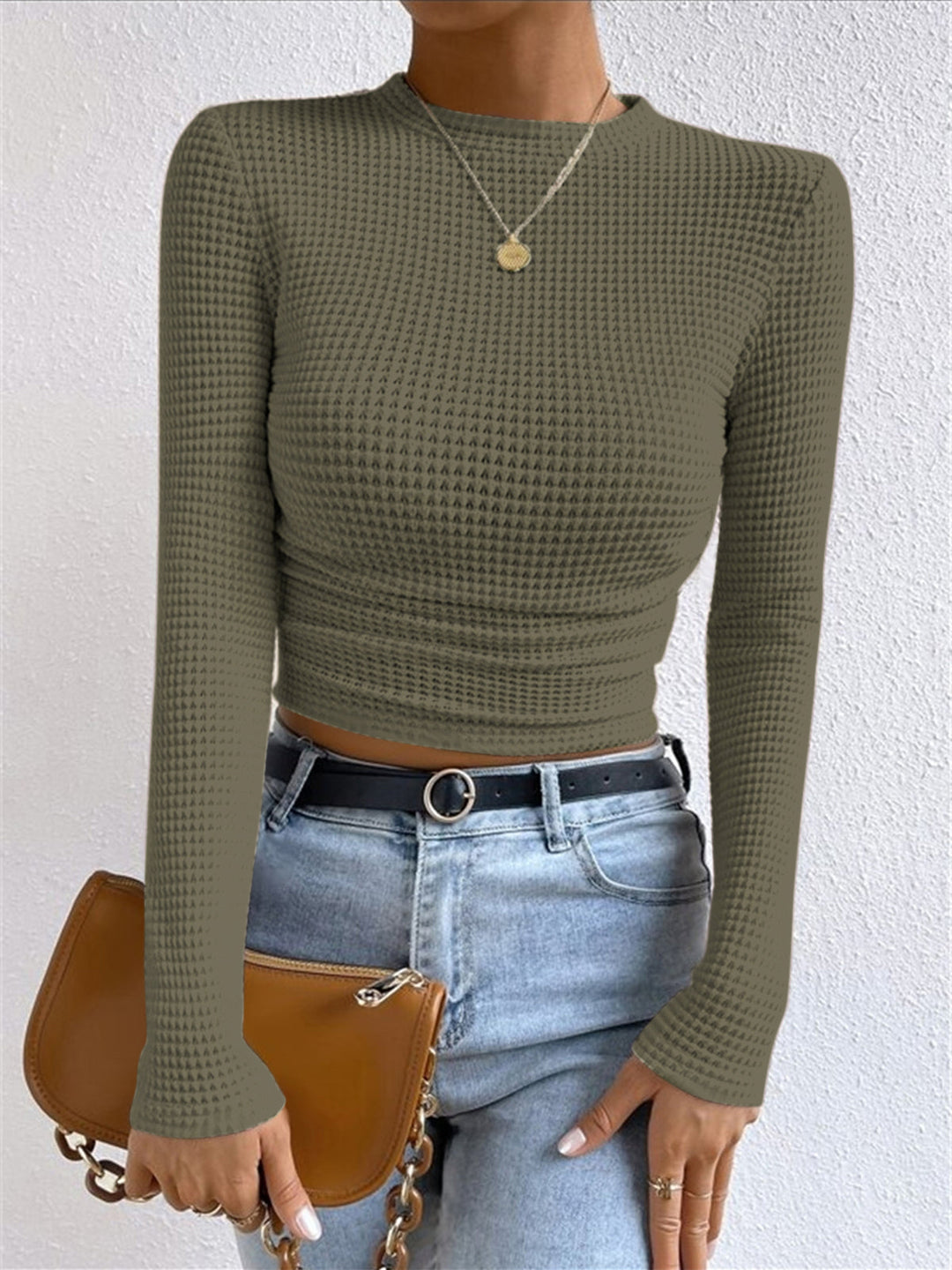 Stylish women's basic long sleeve waffle top for easy, comfortable fall and winter outfits.