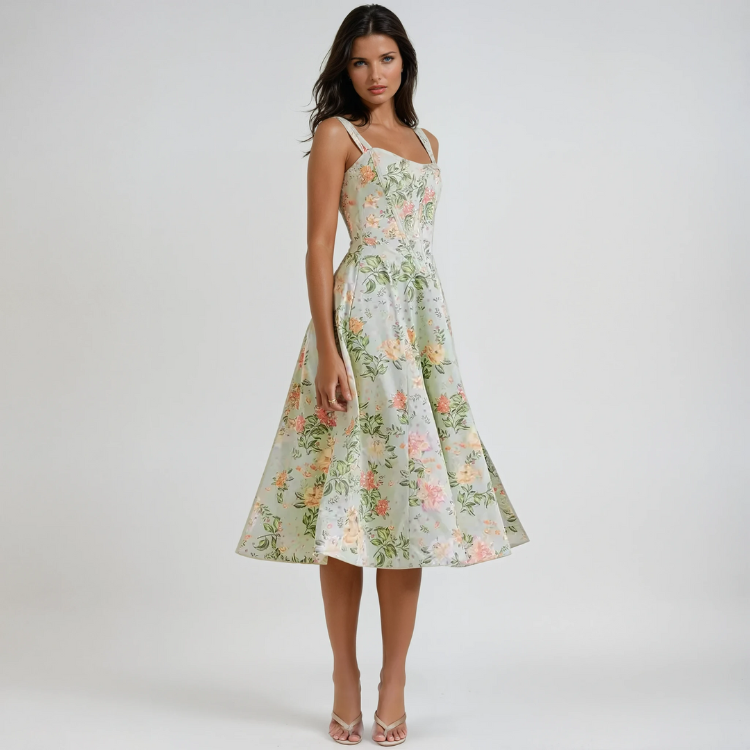 Women's Dahlia floral midi dress, perfect for parties & special occasions. Elegant summer fashion.