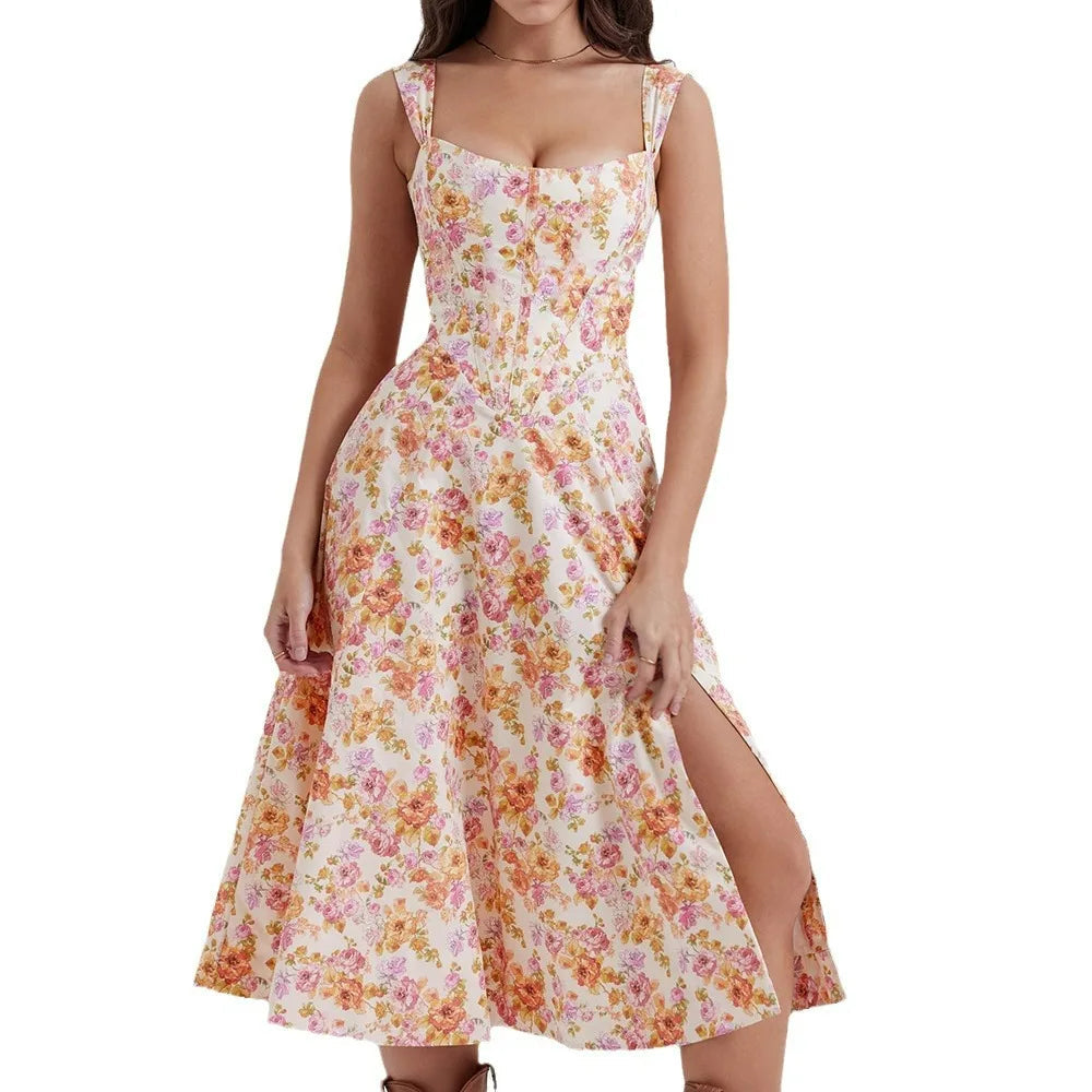 Close-up of vibrant Dahlia floral pattern on a women's party midi dress. Ideal for summer & garden events.
