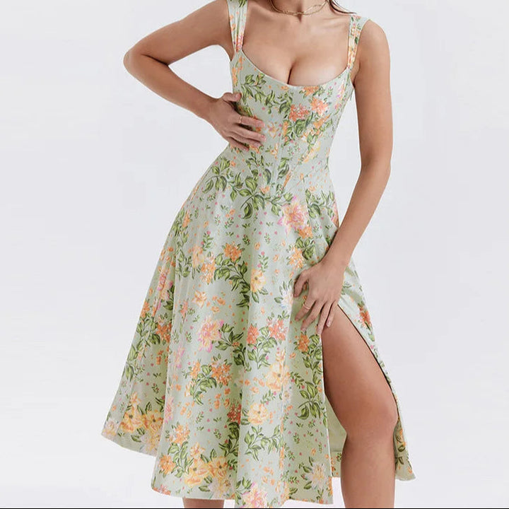 Stylish women's Dahlia floral midi dress, a must-have for brunch, parties & elegant summer fashion events.