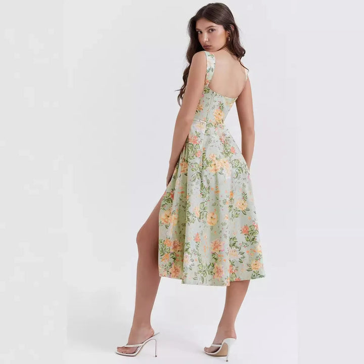 Vibrant Dahlia floral midi dress for women, perfect for special occasions, brunch, or an elegant garden party.