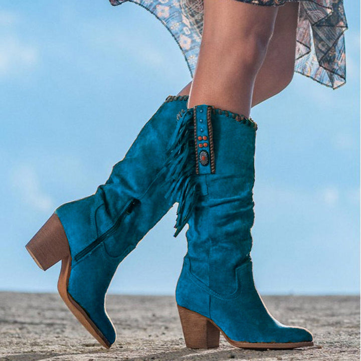 Dakota knee-high western boots for women with elegant fringe detail, pointed toe, and comfortable block heel.