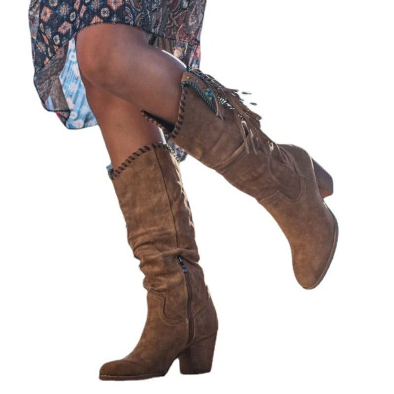 Women's Dakota knee-high western boots. Cowboy style with pointed toe, block heel, fringe, and a practical zip.