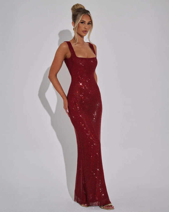 Stunning gold embellished maxi dress, an elegant women's formal evening gown.
