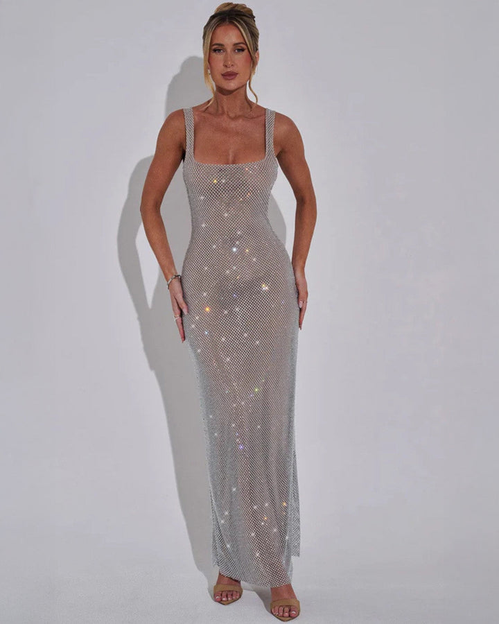 Luxurious women's embellished formal evening gown, a dazzling maxi dress for special events.