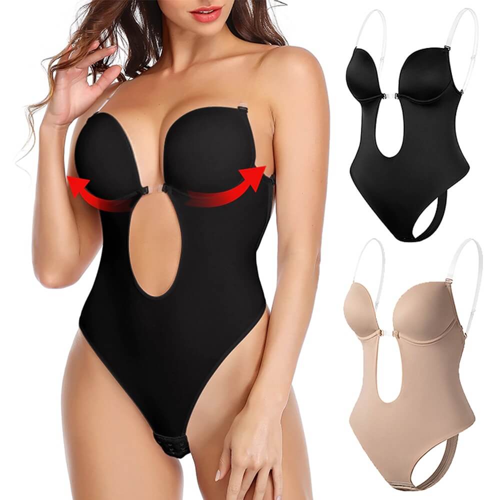 Women's deep V backless body shaper, seamless silhouette, ideal undergarment for dresses.