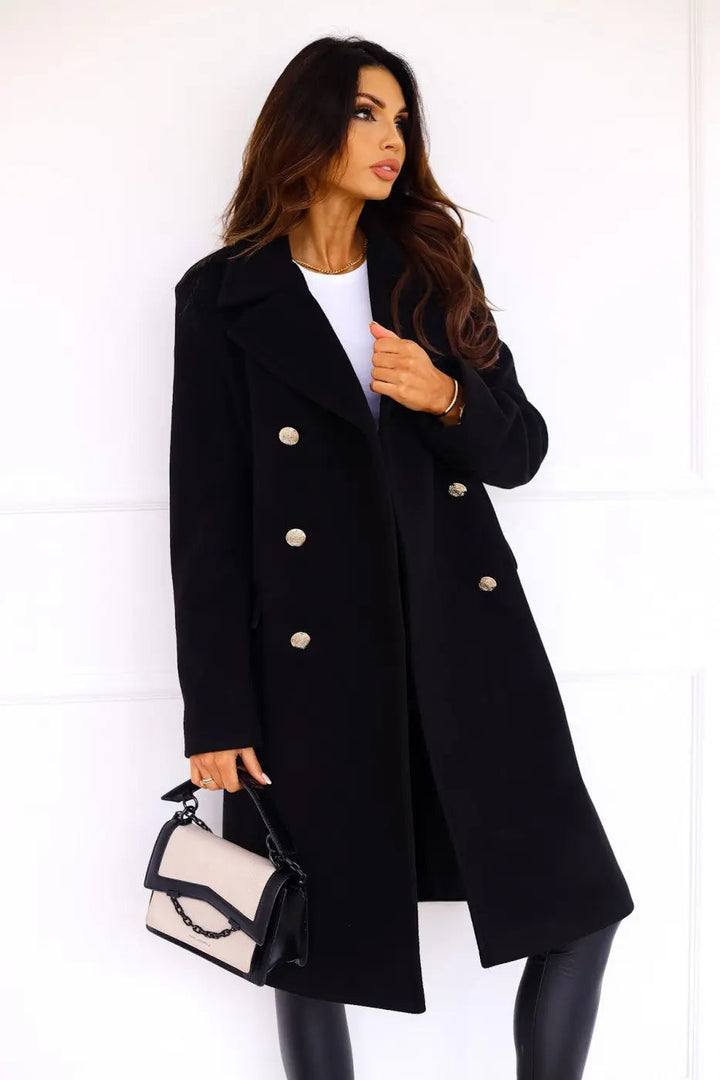 Classic double-breasted women's long coat, sleek tailored design for winter.
