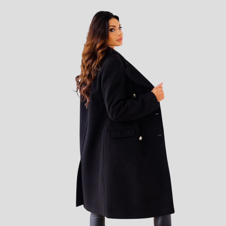 Stylish longline double-breasted coat for women, perfect for formal business or chic fall fashion.