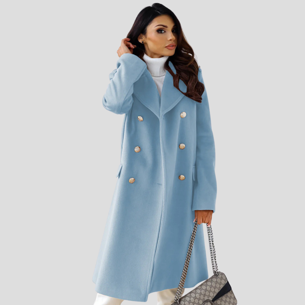 Warm longline double-breasted winter coat for women, stylish and cozy for fall fashion.