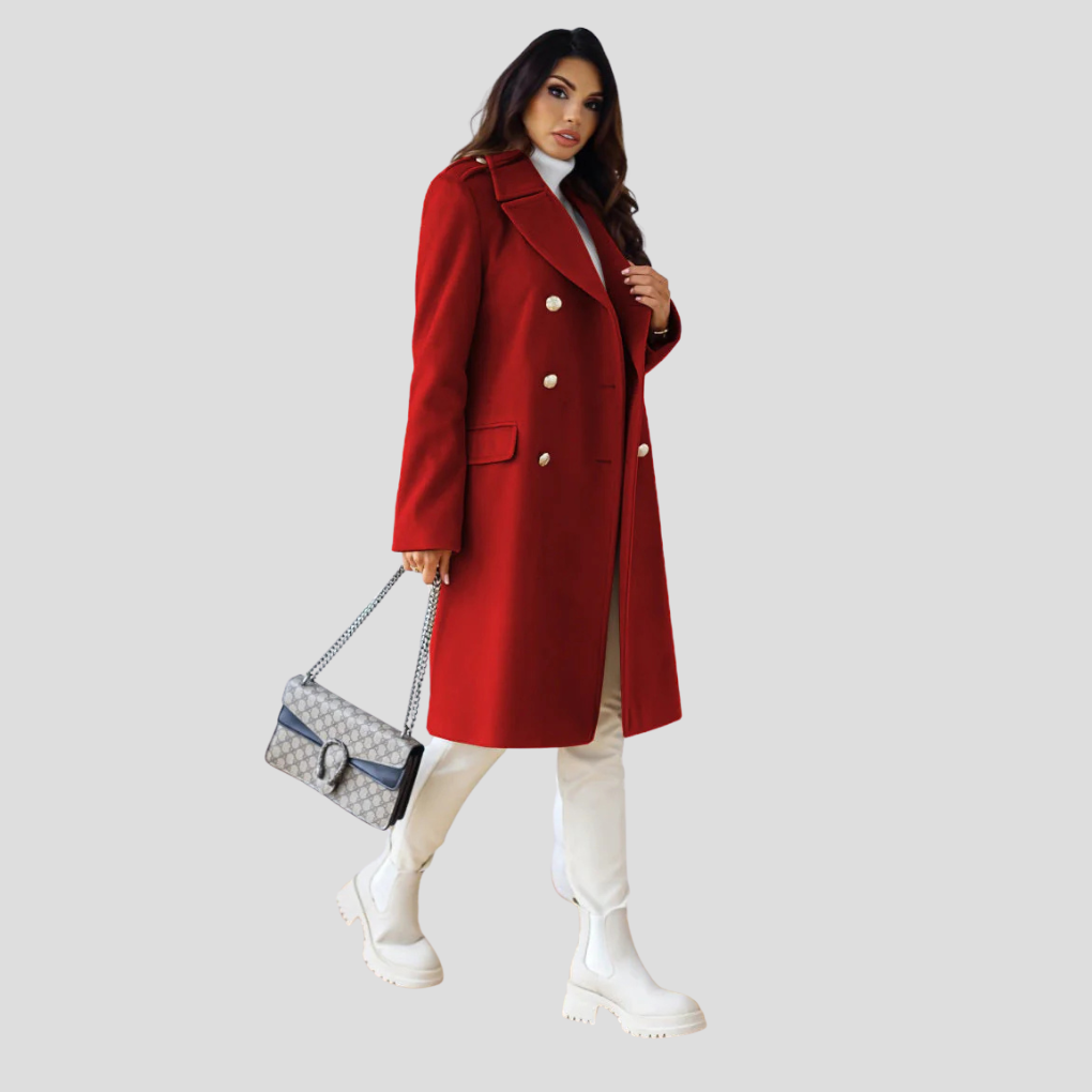 Streamlined longline women's double-breasted coat, a sophisticated winter jacket for a sleek silhouette.