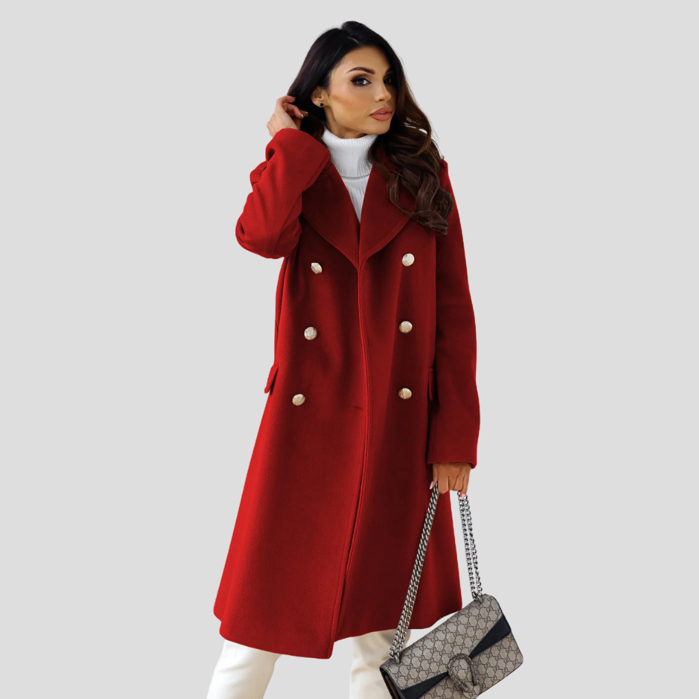 Professional women's double-breasted long winter coat, perfect tailored outerwear for business fashion.