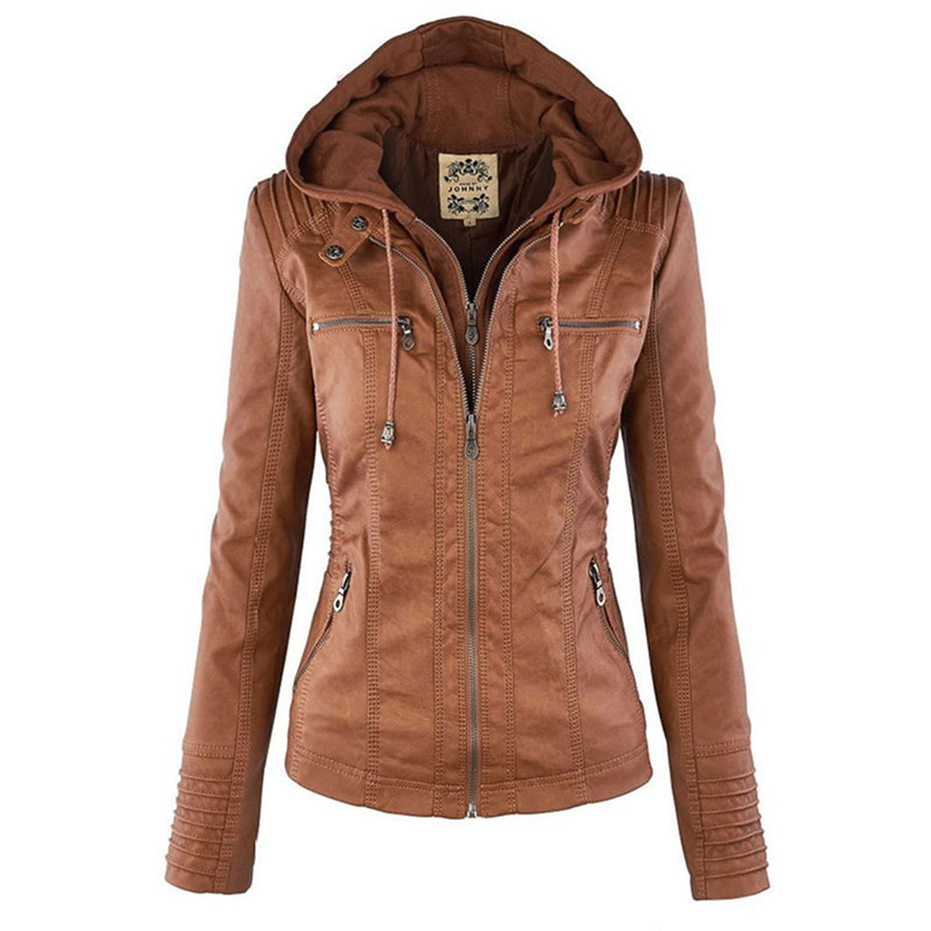 Women's double-lined leather hooded jacket. Warm, chic outerwear for cold weather fashion.