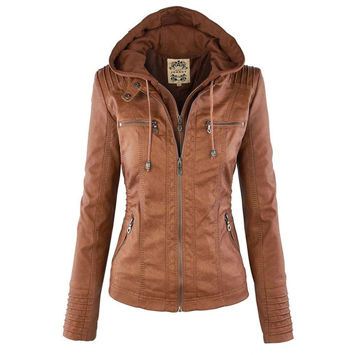 Women's double-lined leather hooded jacket. Warm, chic outerwear for cold weather fashion.