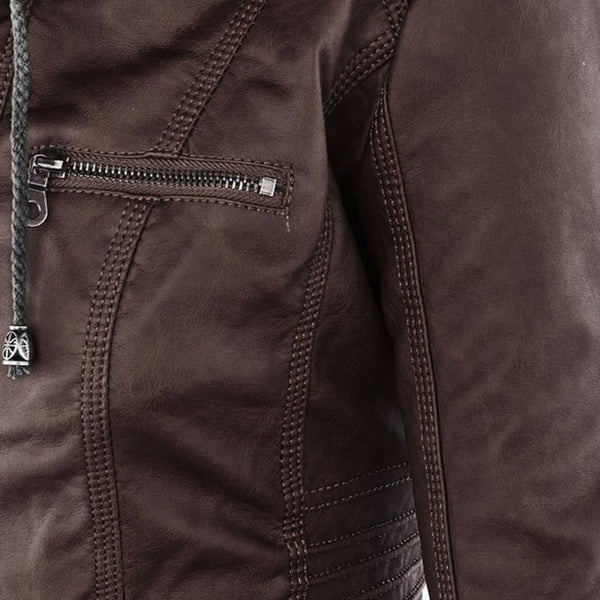 Modern women's double-lined hooded coat. Leather finish, warm & chic for winter layering.