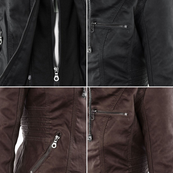 Durable women's double-lined leather jacket. Hooded, warm outerwear, perfect for cold climate.