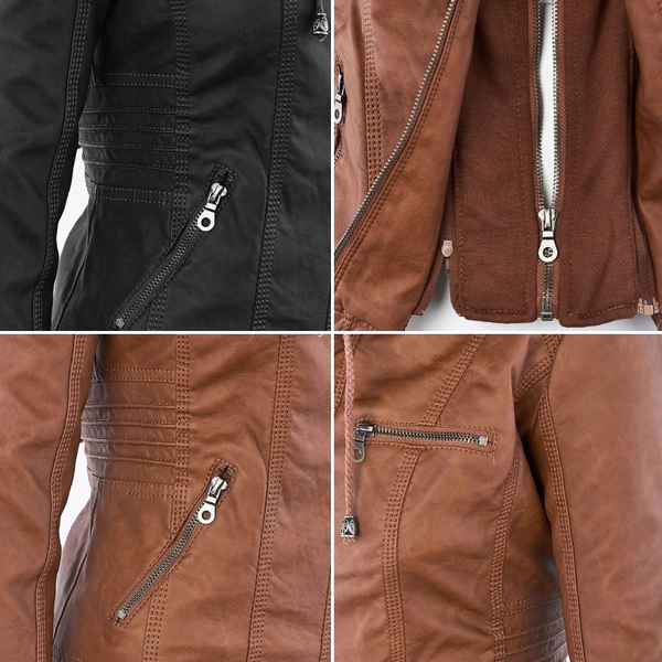 Versatile women's hooded winter jacket. Double-lined leather, stylish & warm for any outfit.