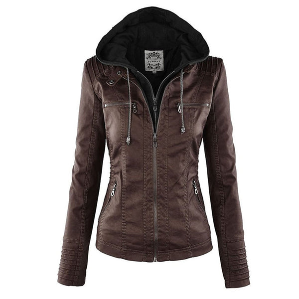 Stylish women's hooded winter coat. Black leather jacket, double-lined for warmth & comfort.