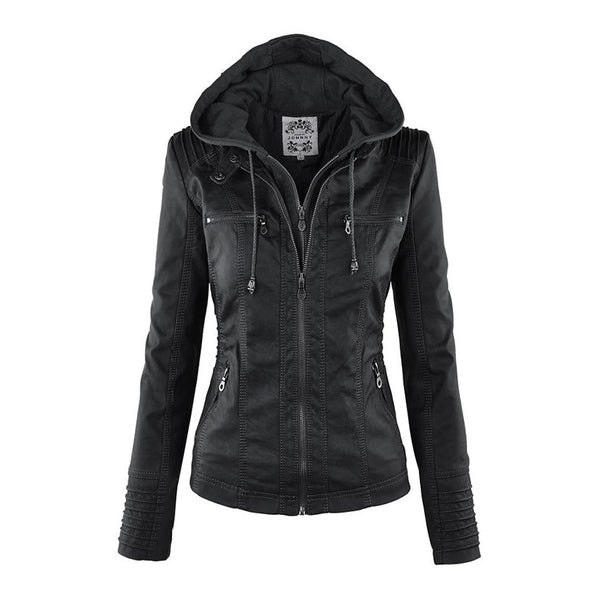 Chic women's double-lined leather jacket with hood. Perfect warm outerwear for winter & cold.