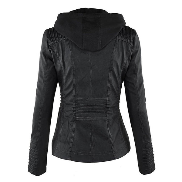 Elegant women's hooded leather jacket. Double-lined for superior warmth, stylish winter coat.