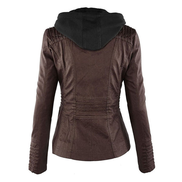 Cozy women's warm hooded jacket. Double-lined leather design, ideal cold weather outerwear.
