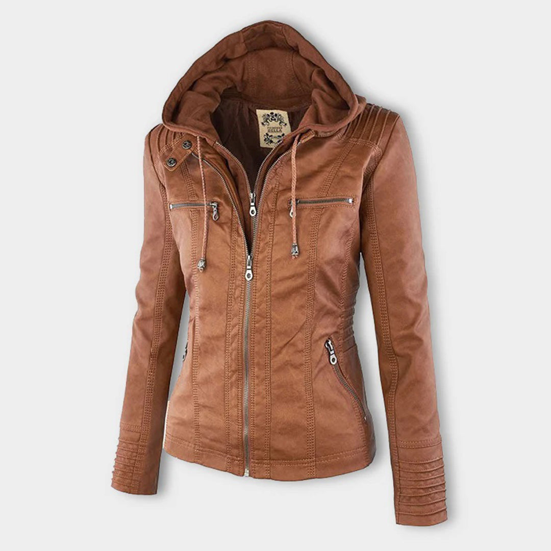 Fashionable women's double-lined hooded jacket. Black leather, chic winter coat for layered look.