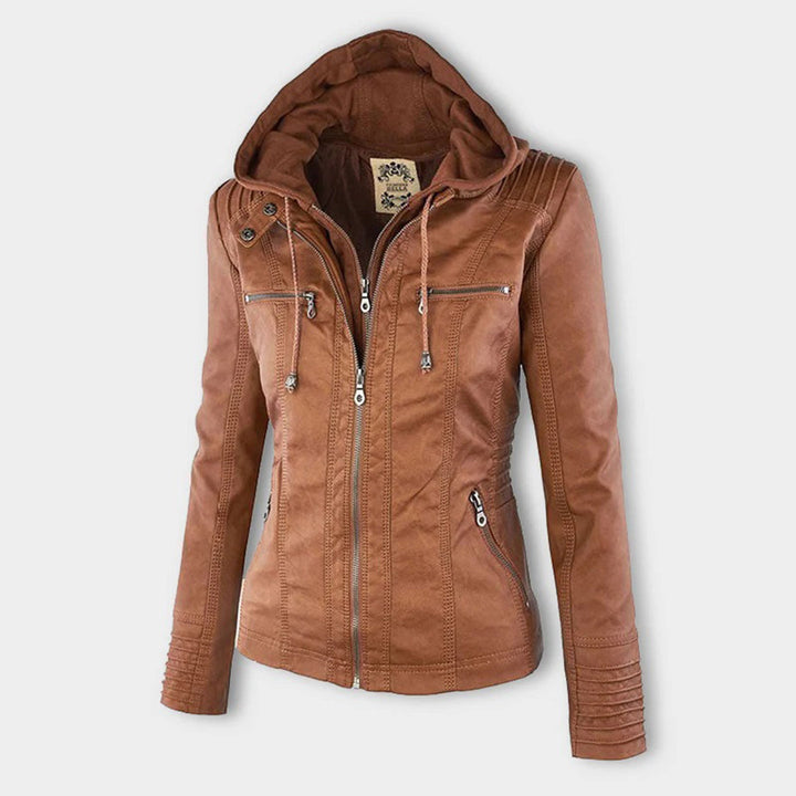 Fashionable women's double-lined hooded jacket. Black leather, chic winter coat for layered look.