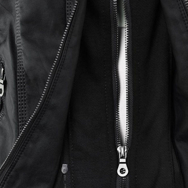 Women's leather hooded winter jacket. Double-lined for warmth & style in cold weather outerwear.