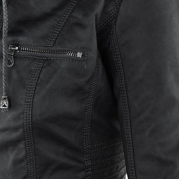 Sleek women's double-lined leather jacket. Hooded design, warm & chic for winter fashion.