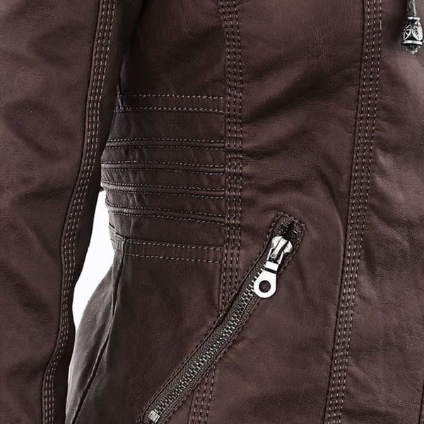 Premium women's hooded leather jacket. Double-lined, ensuring warmth & stylish outerwear.